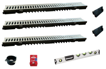Set 3 Entwässerungsrinne 1 Meter, Bauhöhe 55 mm mit 2 Stirnwänden, 1 Ablaufstutzen senkrecht, 1 Wasserwaage, 1 Schnurwasserwaage